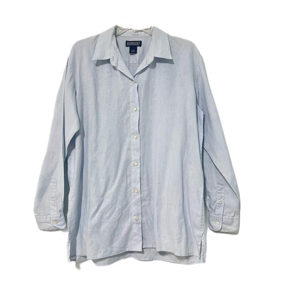Lands End 100% Linen Shirt Size 12 Blue Oversized Beach Button Down Coastal